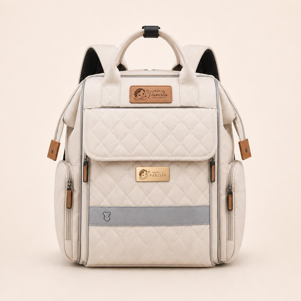 Desde la Pancita cream quilted diaper bag backpack, front view
