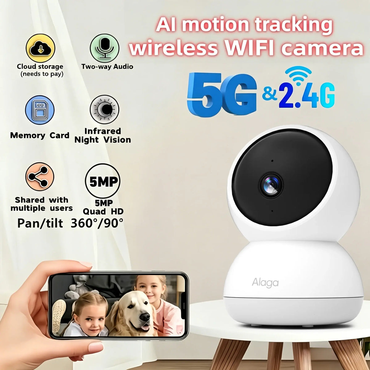 3K Pet Dog Camera with Phone App, 5G/2.4G Wifi Indoor Security Baby Camera,Ai Detection 360° Pan&Tilt, 2-Way Audio, Night Vision