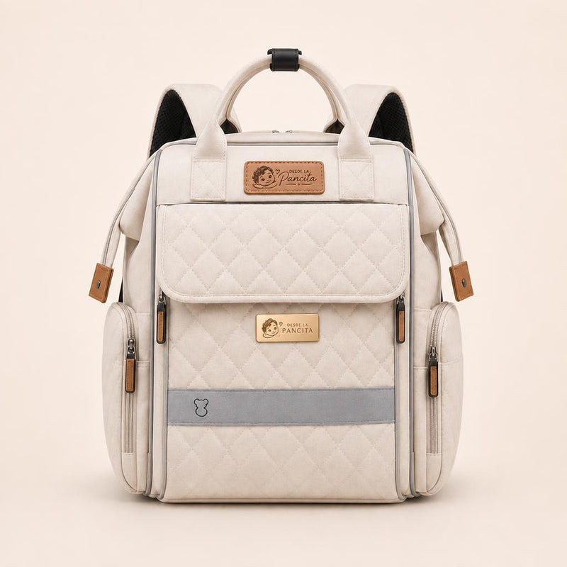 Desde la Pancita cream quilted diaper bag backpack, front view